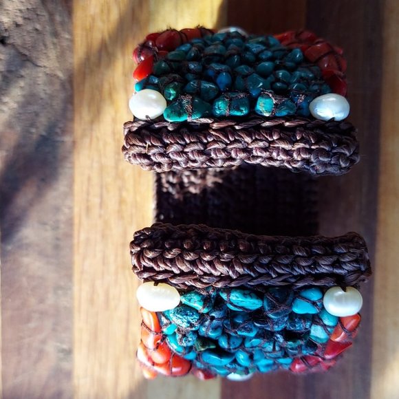 SOMS TH Handcrafted Arizona River Turquoise Red Coral Pearl Artisan Beaded Cuff - Picture 4 of 7